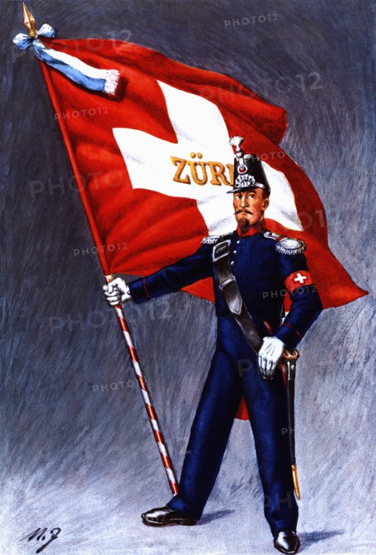 Flag bearer from the canton of Zurich, c. 1852. Color engraving from 1943, published by Editions ?