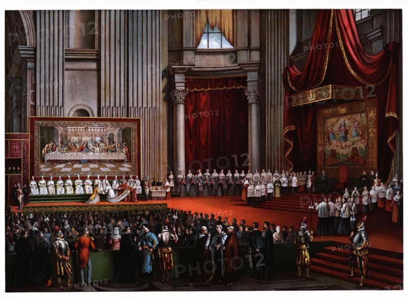 Pontifical ceremonies. Cardinals pedilavium, color engraving, 1871.