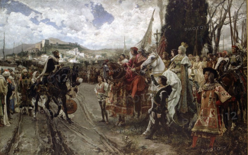 The surrender of Granada', between the Catholic Kings and Boabdil in 2nd January 1492. Oil of 1832.