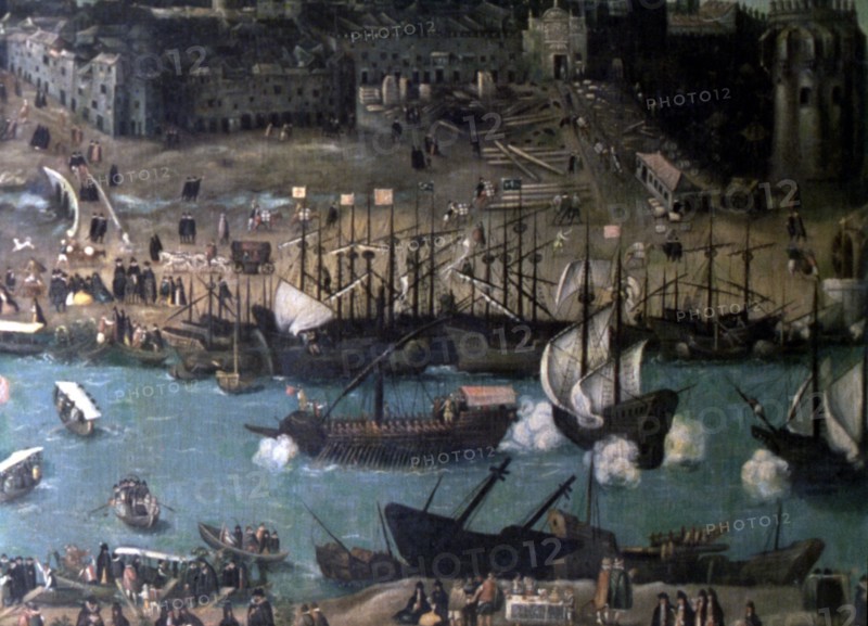 View of Seville, detail of the right side. Oil work of Sanchez Coello.
