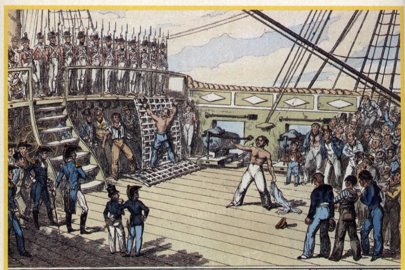 Mutiny on board in a war ship, by sailors, for the punishment by lash to a companion, engraving, ?