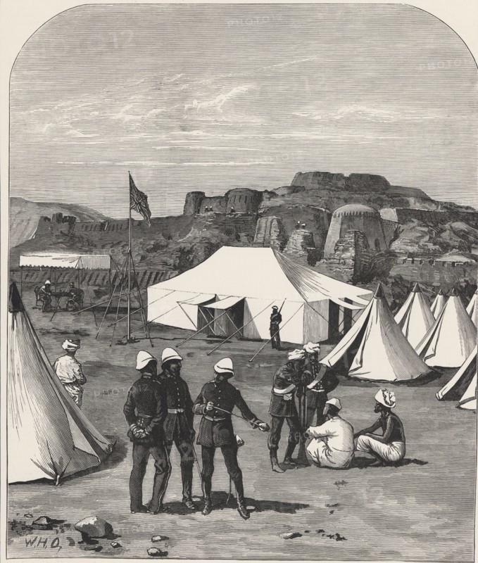Afghan-British War, British military camp in Kabul, near the pass of Khiyber, drawing by Major Ca?