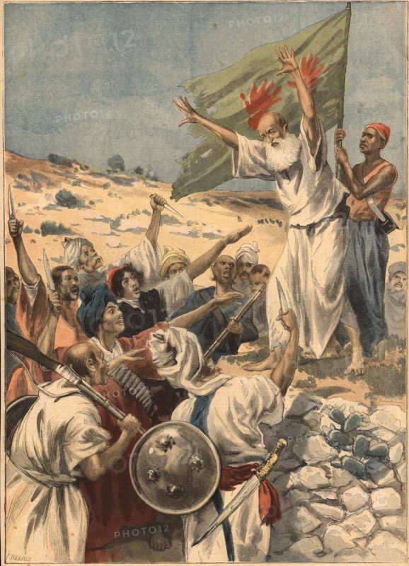 Uprising in India against British domination,  prophet preachint to the people the holy war, engr?