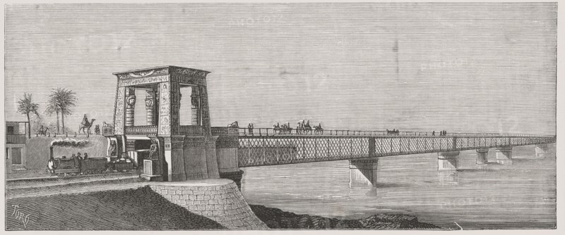 Iron Bridge over the River Nile in Mansura, engraving from 1878.