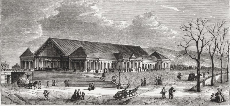 Geneva Station in the railway line Lyon to Geneva, engraving from 1859.