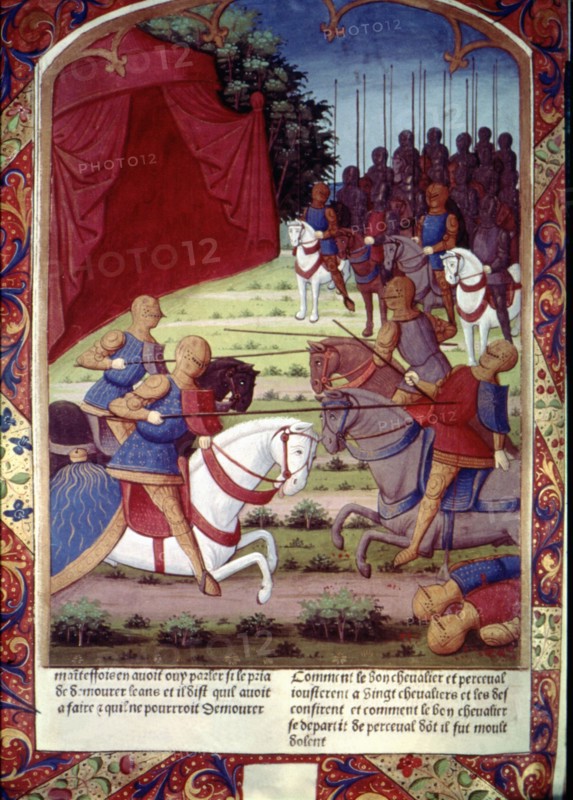 Gilead helps Perceval and they together defeat 20 men, miniature in the incunable 'Lancelot du La?