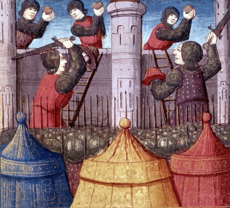 Assault and taking of a castle by the knights of King Arthur, miniature in the incunable 'Lancelo?
