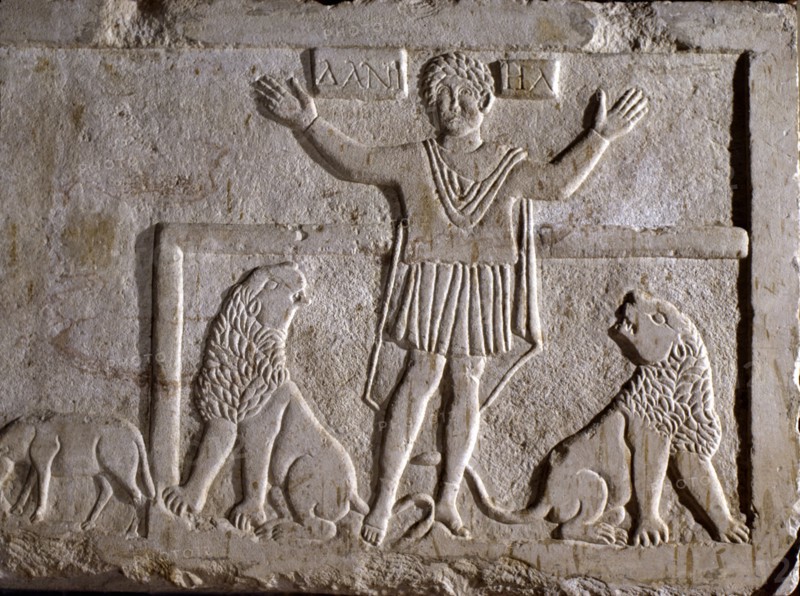 Daniel in the lions' Hebrew prophet Daniel, detail of the relief in the sarcophagus in Ecija.