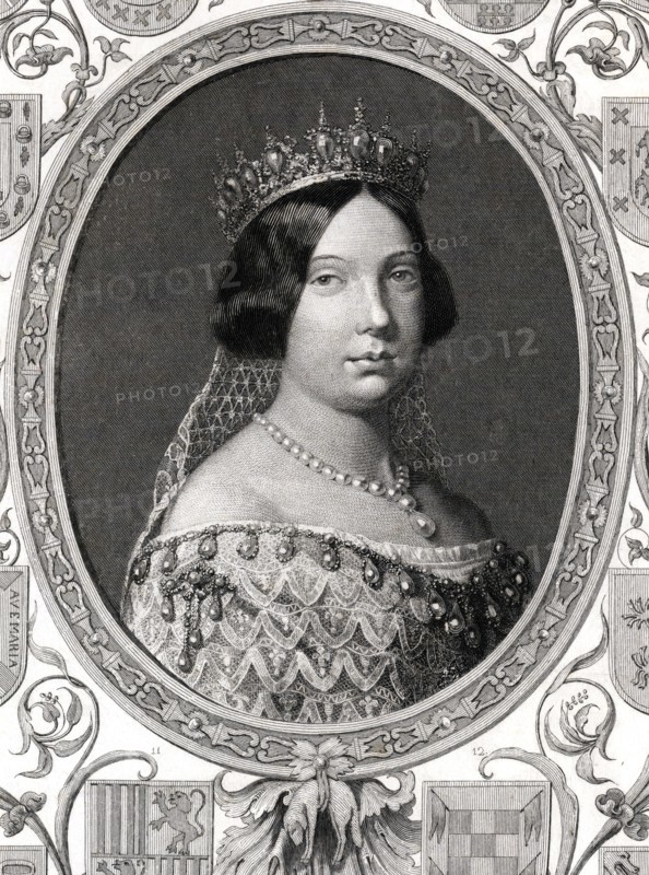 Elizabeth II (1830-1904), Queen of Spain, surrounded by the arms of the first nobility.