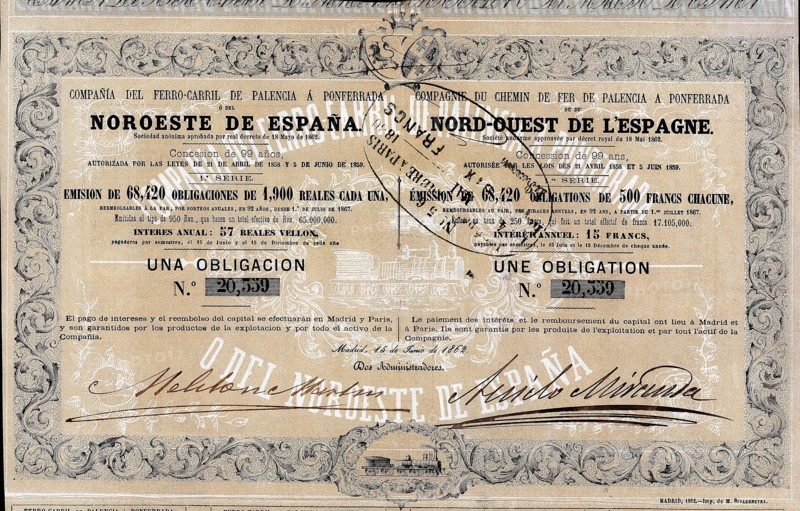 Bond of 1900 reales to the 3% of the Compañía del Ferrocarril de Palencia a Ponferrada (Railway C?