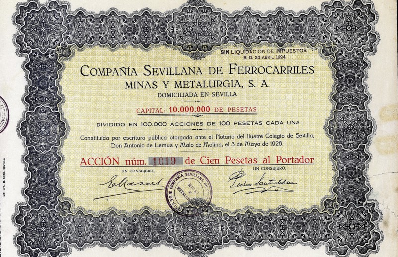 Action of 100 pesetas of the Compañía Sevillana de ferrocarriles, minas y metalurgia, S.A., Sevil?