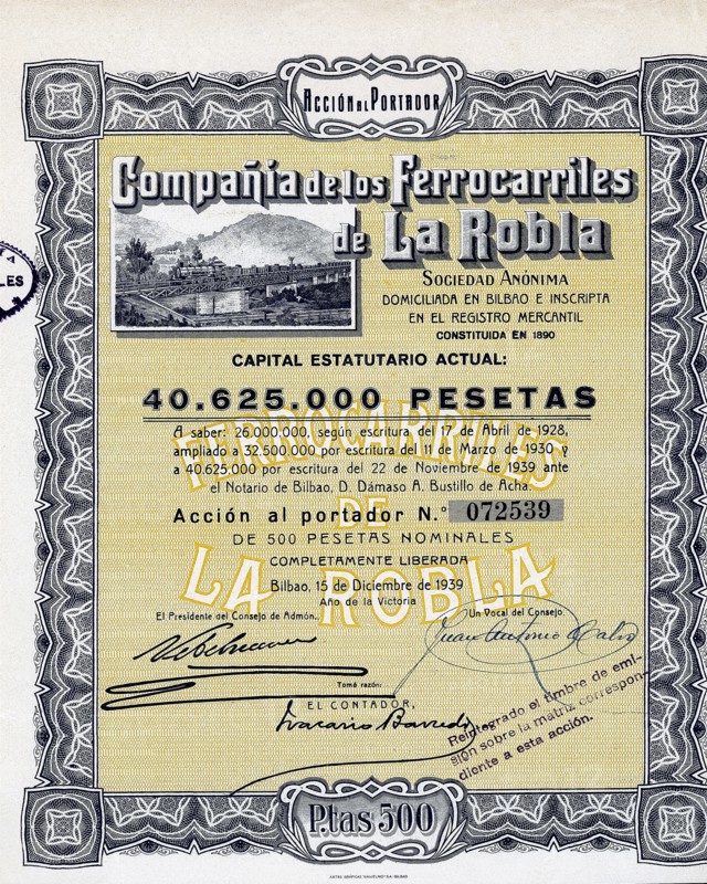 Action of 500 pesetas of the Compañía de los Ferrocarriles de la Robla, S.A., Bilbao, December 15?