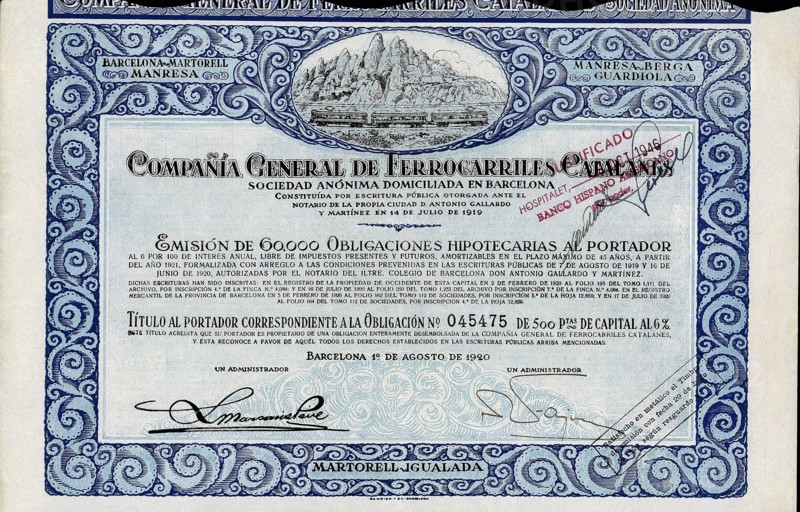 Obligation of 500 pesetas of the Compañía General de Ferrocarriles Catalanes, S.A., at 6%, Barcel?