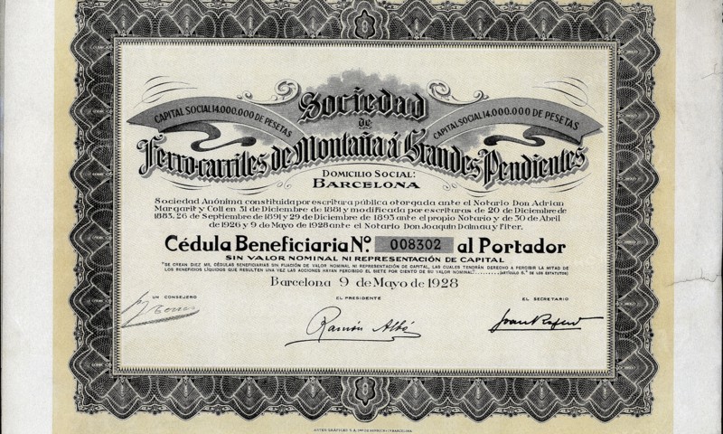Beneficiary document of the Sociedad de Ferrocarriles de Montaña a Grandes Pendientes, S.A., Barc?