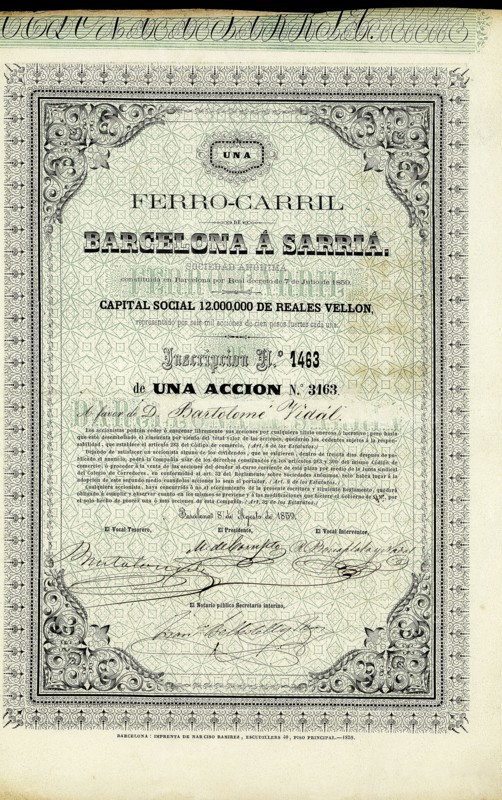 100 Pesos share from the Ferrocarril de Barcelona a Sarria, ??SA, Barcelona August 8, 1859.
