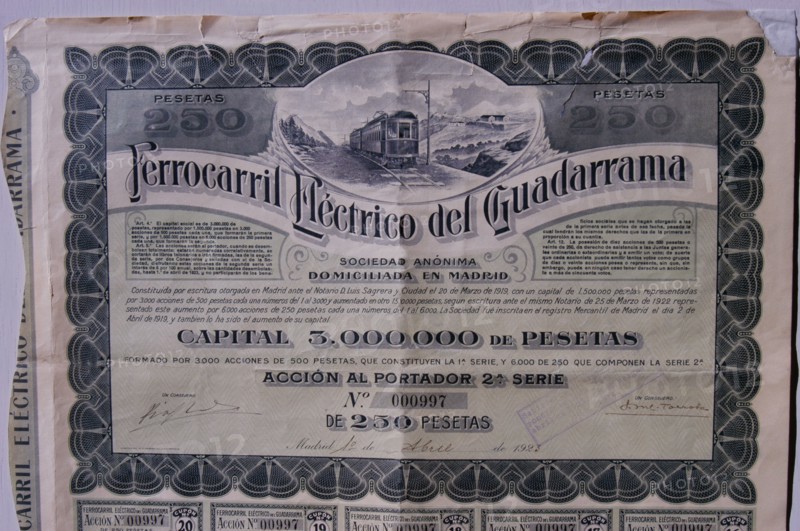 250 pesetas share from the Ferrocarril Eléctrico del Guadarrama, SA, Madrid April 1, 1923.