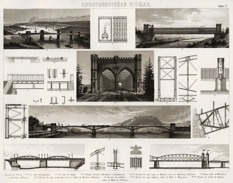 Several engravings of civil constructions for railway traffic, Madrid 1880.