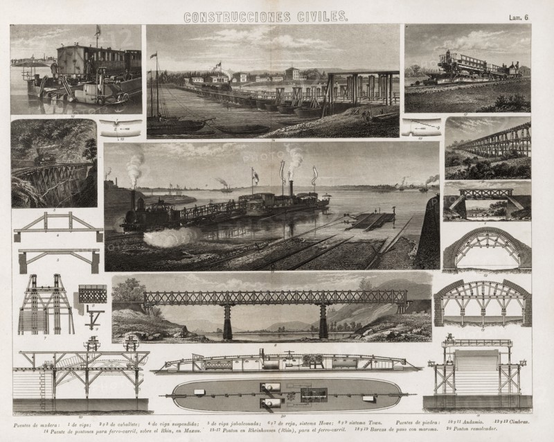 Several engravings of civil constructions for railway traffic, Madrid 1881.