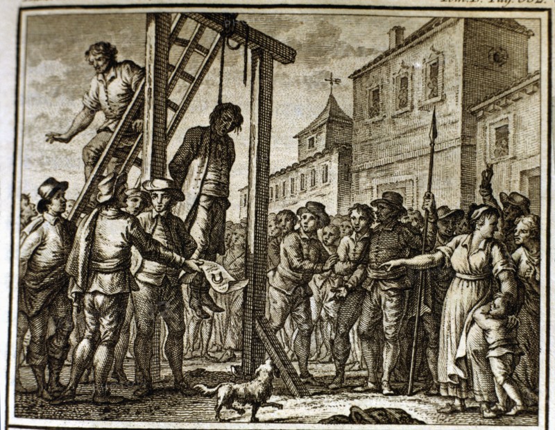 Hanging the Governor by settlers during the French occupation (1650), engraving, 1807.