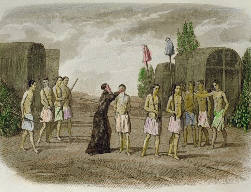 A slave Indian from the Tribe of Tupinamba, is baptized by a Jesuit near Bahia in 1550, 1850 engr?