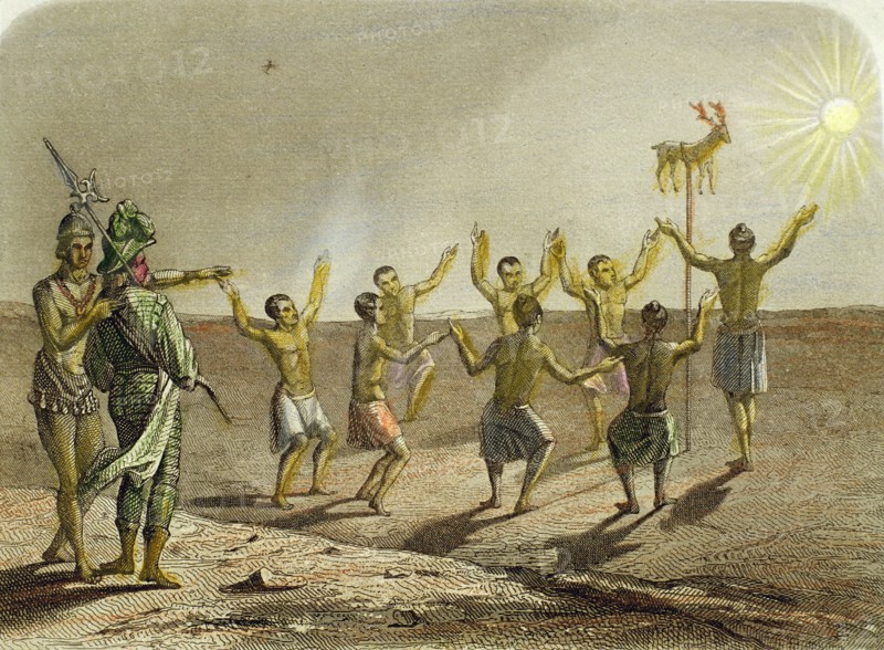Sacrifice to the sun of a deer, placed on a pole, by the Indians of Florida, engraving from 1850.