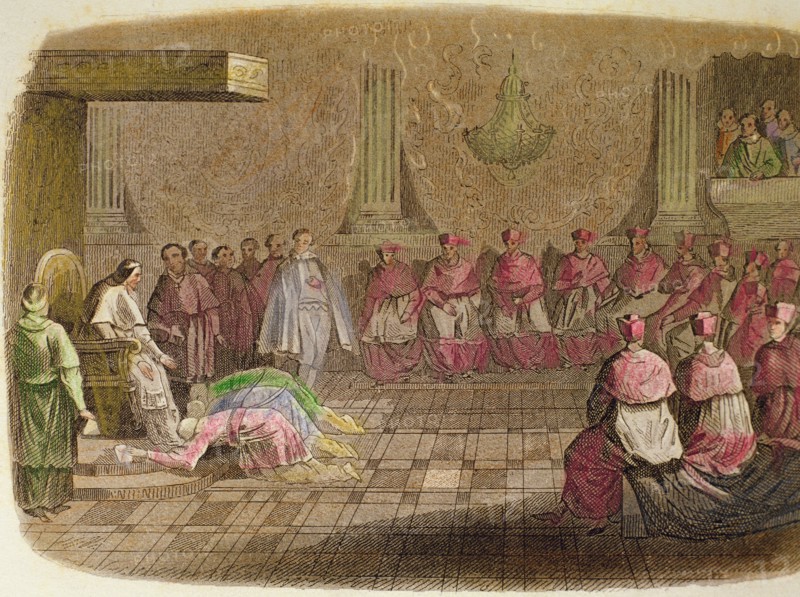 Japanese Ambassadors kneel at the feet of Pope Gregory XIII in 1585, engraving, 1850.