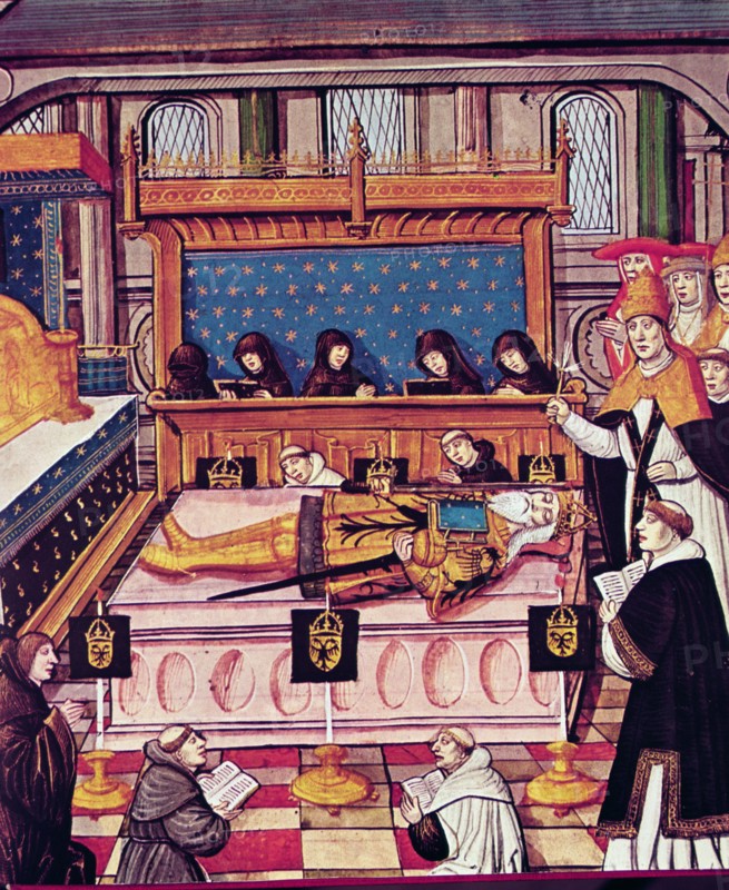 Death of Charlemagne (814) miniature, 14th century.