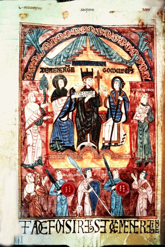 Queen Jimena and Alphonse III the Great (848-910) before the bishop Gorneus, miniature in the 'Bo?