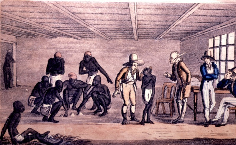 Slaves trading in Rio de Janeiro, colored lithograph.