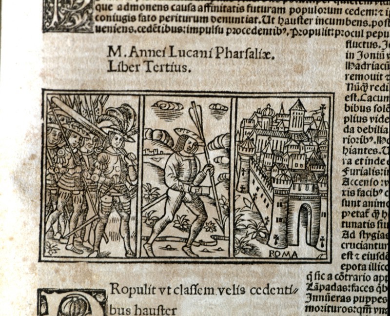 Pharsalia', historical epic story, engraving in the beginning of Book III of the printed edition ?