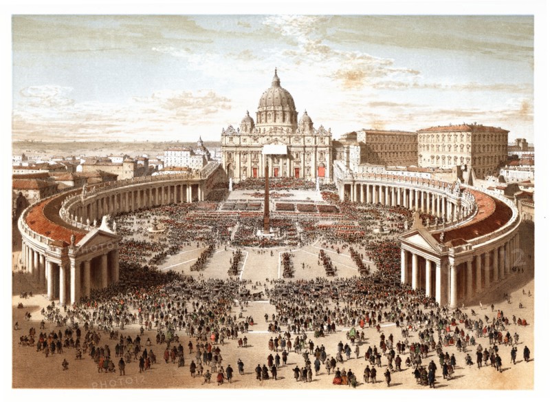 Pontifical ceremonies. Benediction urbi et orbi in Saint Peter's square. Color engraving from 1871.