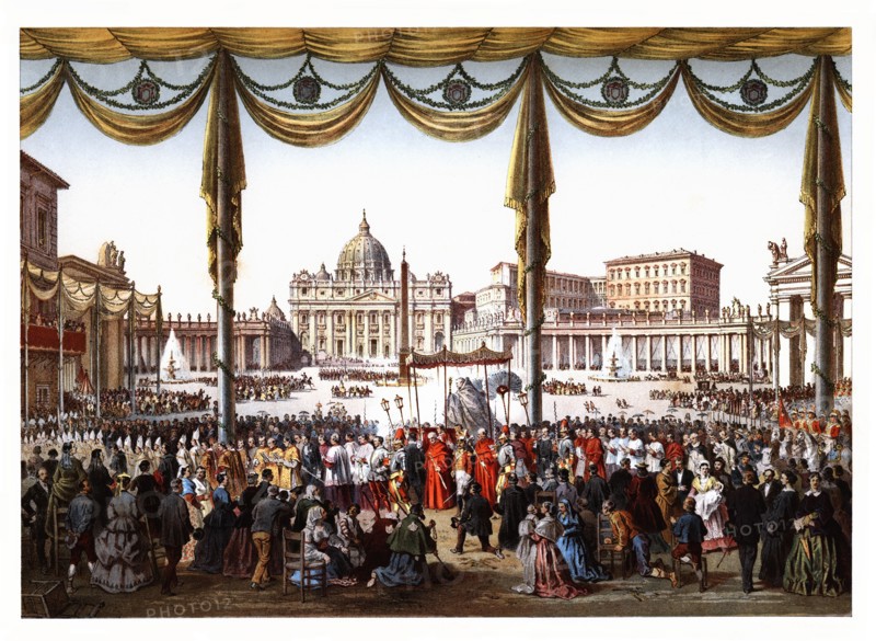 Pontifical ceremonies. Procession of the Holy Sacraments in Saint Peter's square. Color engraving?