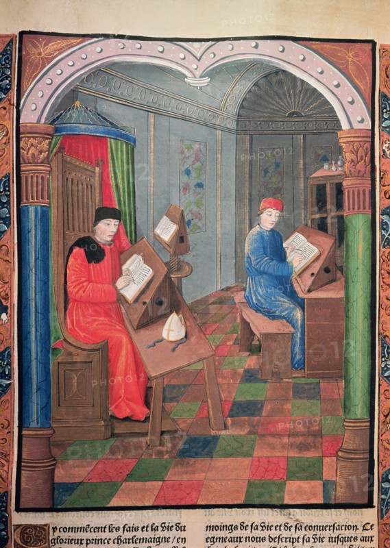 Einhard and Archbishop Turpin writing the history of Charlemagne in the 'Chroniques de France', 1?