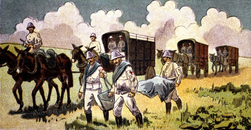 Morocco's War (1909-1913), the Red Cross transporting the injured men to hospitals, drawing of th?