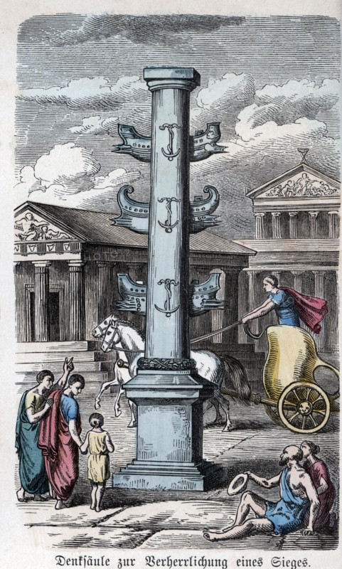 Urban life in Rome, commemorative column of a victory, engraving 1866.