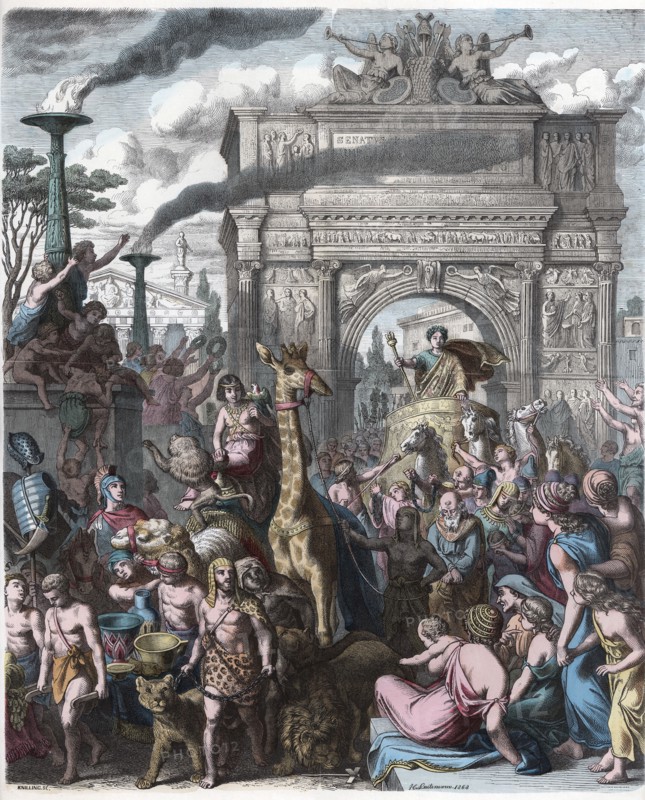 Triumphal procession entering the city of Rome, engraving 1868.