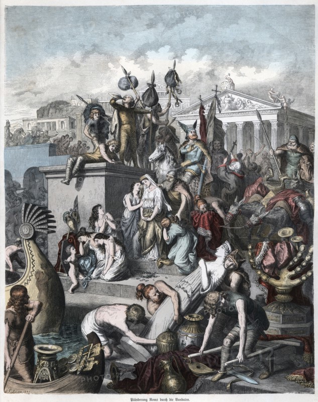 Pillaging and looting of the city of Rome by the Vandals, engraving 1872.
