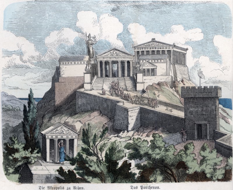 View of the Acropolis and the Parthenon, colored engraving, 1865.