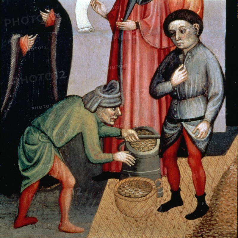 Altarpiece of St. Nicholas of Bari, detail of the representation of the the measurement and sale ?