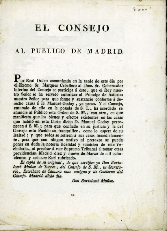 Royal Order of confiscation of properties and arrest of Manuel Godoy issued in Madrid on March 19?