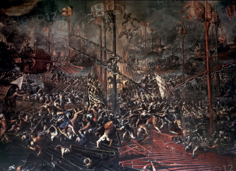 Battle of Lepanto (7-10-1571), oil by Michele Vicentino.