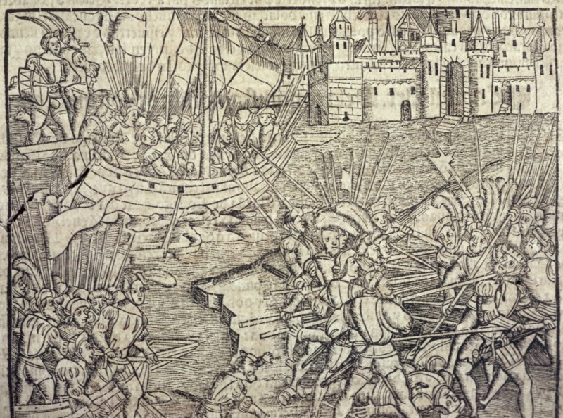 Episodes of the conquest of Peru, illustration from the book 'Historia General de las Indias y Nu?