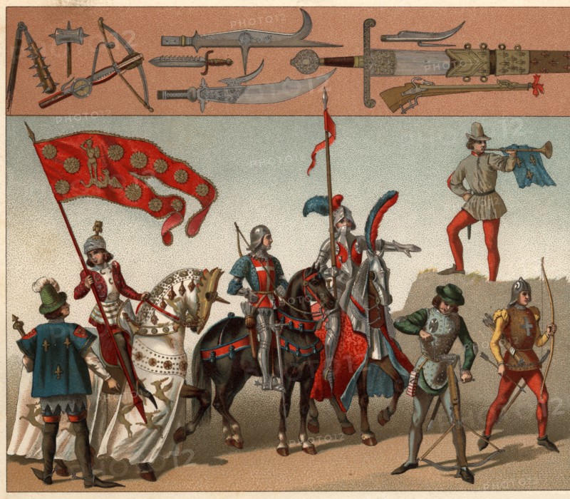 Offensive weapons. Knights in armor and infantry archers, crossbowmen and trumpet.