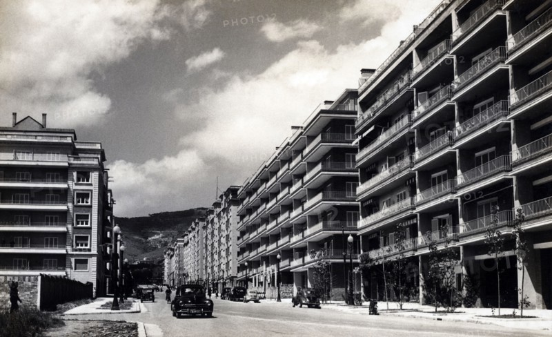 Overview of Mandri street in Barcelona, with new housing buildings, 1950s.