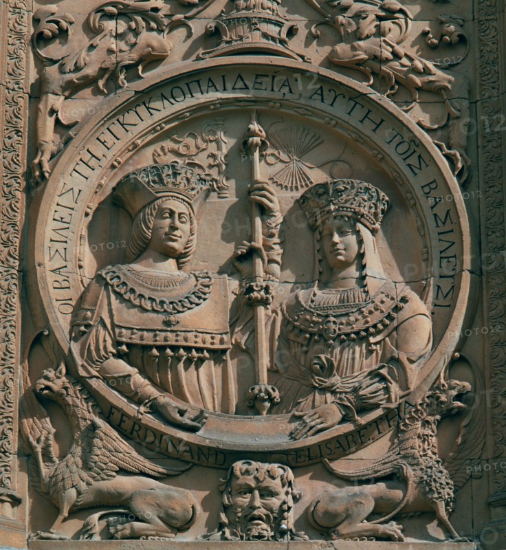 Medallion in the façade of the University of Salamanca with the Catholic Kings.