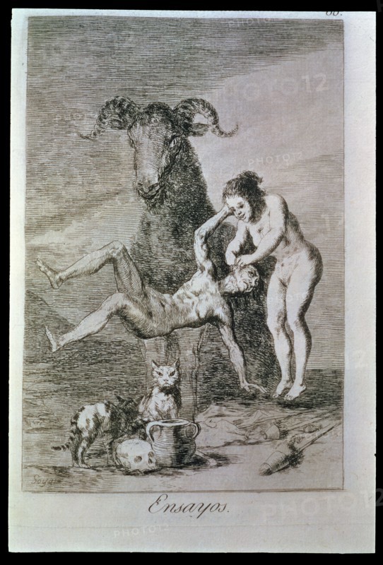 Los Caprichos, series of etchings by Francisco de Goya (1746-1828), plate 60: 'Ensayos' (Trials),?