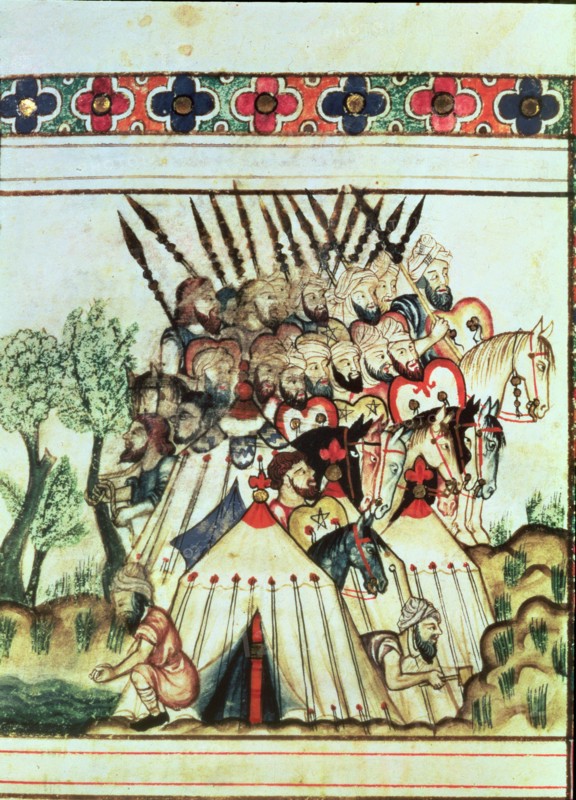 Muslims in a military expedition, their tents were luxurious. Miniature in the 'Cantigas de Santa?
