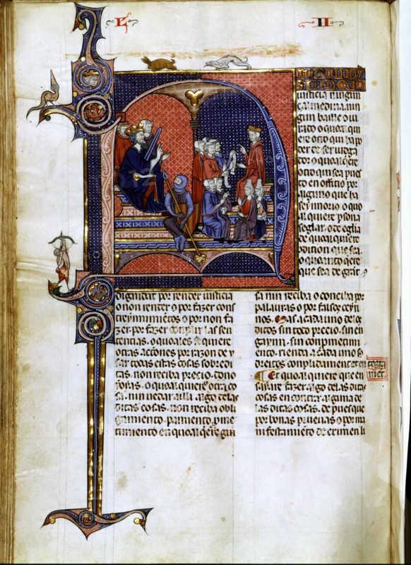 Miniature in 'Vidal Mayor', illuminated manuscript, c. 1290-1310, illustration of a king as a jud?