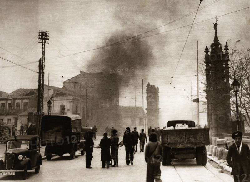 Spanish Civil War 1936-39. Siege of Madrid, houses burned by an air raid near the bridge of Toled?