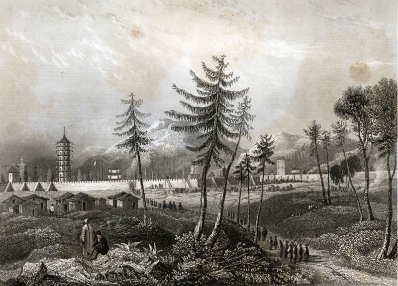 Beijing, illustration with temples and the city, engraving, 1855.